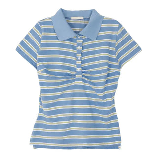 Striped Shirred Collar Short Sleeve Tee