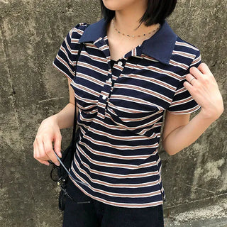 Striped Shirred Collar Short Sleeve Tee