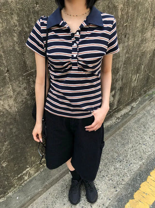 Striped Shirred Collar Short Sleeve Tee