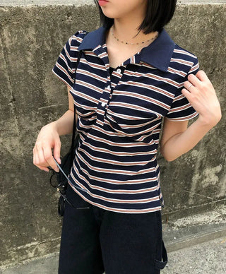 Striped Shirred Collar Short Sleeve Tee