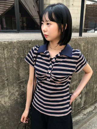 Striped Shirred Collar Short Sleeve Tee