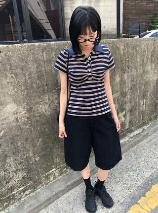 Striped Shirred Collar Short Sleeve Tee