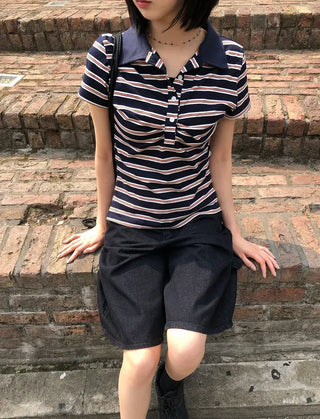 Striped Shirred Collar Short Sleeve Tee