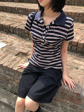 Striped Shirred Collar Short Sleeve Tee