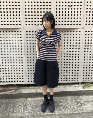 Striped Shirred Collar Short Sleeve Tee