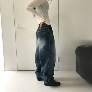All-brush washed wide jeans