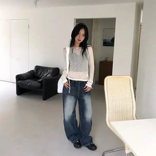 All-brush washed wide jeans