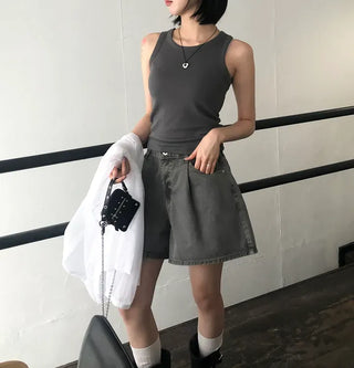 Pigment Washed A-Line Short Denim Pants