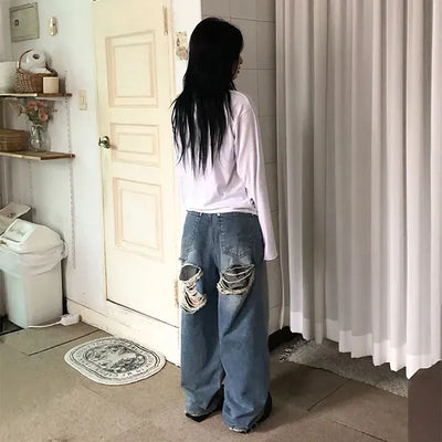 Back check rough wide jeans