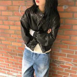 High-neck button leather jacket