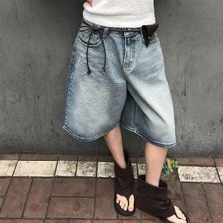 Transparent Patch Washed Denim Bermuda Pants