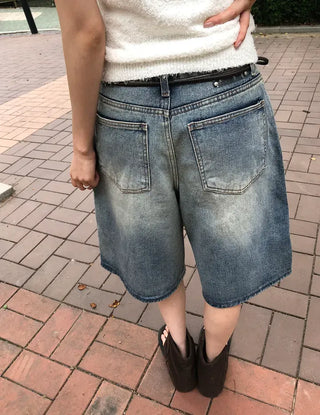 Transparent Patch Washed Denim Bermuda Pants