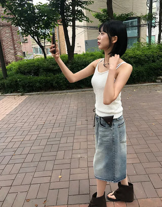 Transparent Patch Washed Denim Bermuda Pants