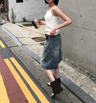 Transparent Patch Washed Denim Bermuda Pants