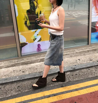 Transparent Patch Washed Denim Bermuda Pants