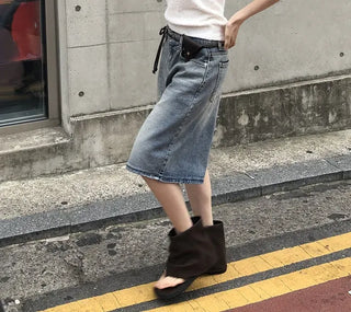 Transparent Patch Washed Denim Bermuda Pants