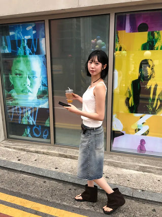 Transparent Patch Washed Denim Bermuda Pants