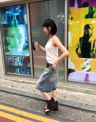 Transparent Patch Washed Denim Bermuda Pants