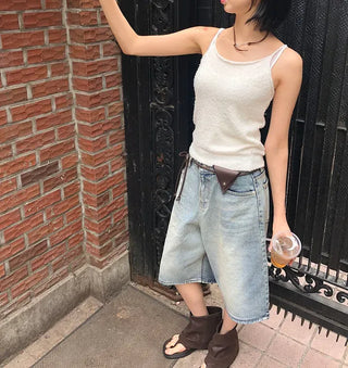 Transparent Patch Washed Denim Bermuda Pants