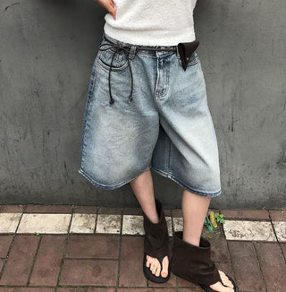 Transparent Patch Washed Denim Bermuda Pants