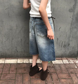 Transparent Patch Washed Denim Bermuda Pants