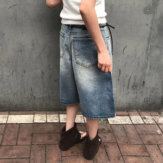 Transparent Patch Washed Denim Bermuda Pants