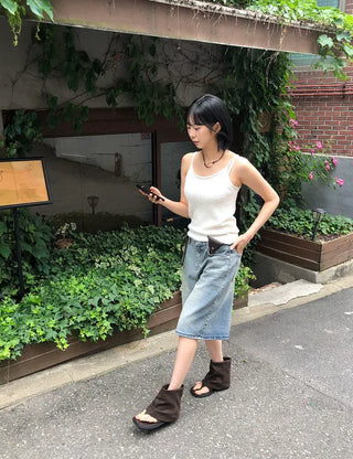 Transparent Patch Washed Denim Bermuda Pants