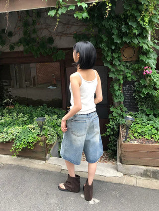 Transparent Patch Washed Denim Bermuda Pants