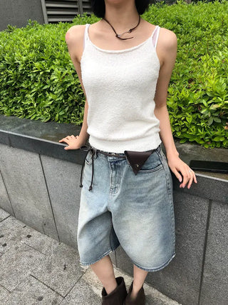 Transparent Patch Washed Denim Bermuda Pants
