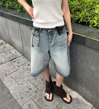 Transparent Patch Washed Denim Bermuda Pants