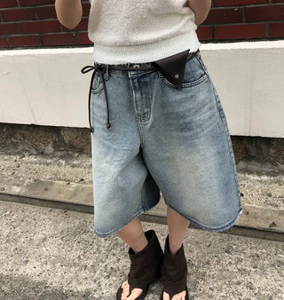 Transparent Patch Washed Denim Bermuda Pants