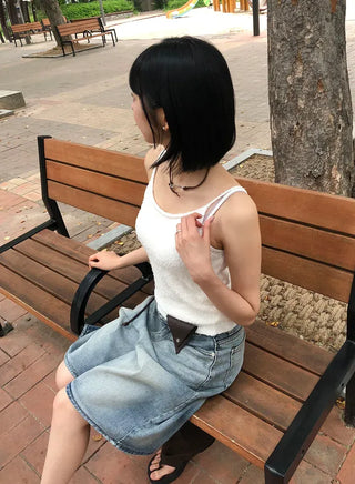 Transparent Patch Washed Denim Bermuda Pants