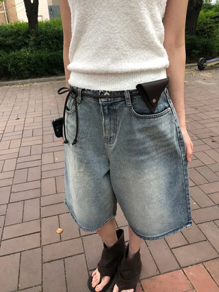 Transparent Patch Washed Denim Bermuda Pants