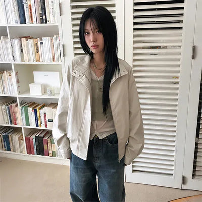 High-zip leather jacket