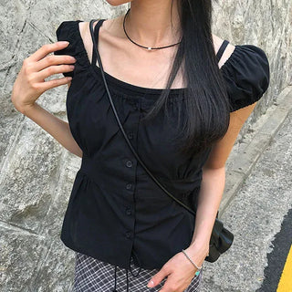 Off-shoulder Shirred Puff Sleeveless Blouse