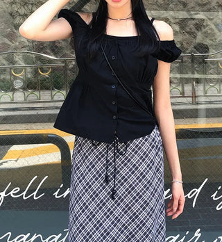 Off-shoulder Shirred Puff Sleeveless Blouse