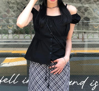 Off-shoulder Shirred Puff Sleeveless Blouse