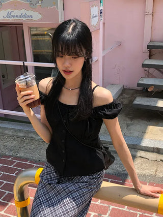 Off-shoulder Shirred Puff Sleeveless Blouse
