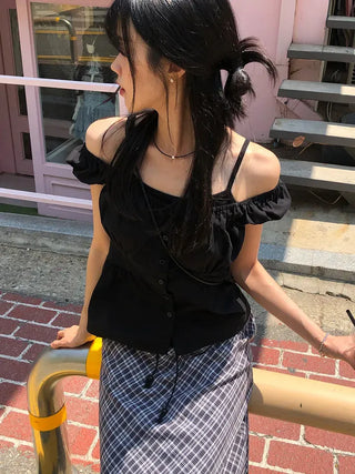 Off-shoulder Shirred Puff Sleeveless Blouse