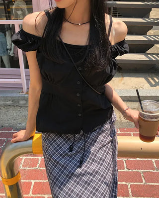 Off-shoulder Shirred Puff Sleeveless Blouse