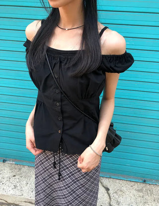 Off-shoulder Shirred Puff Sleeveless Blouse