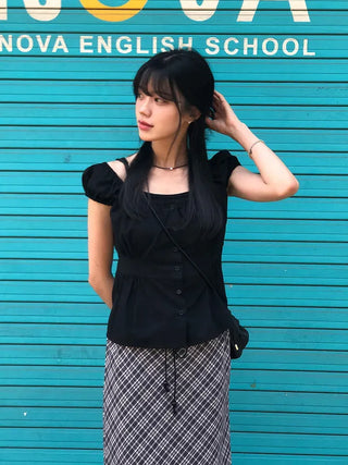 Off-shoulder Shirred Puff Sleeveless Blouse