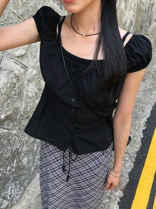 Off-shoulder Shirred Puff Sleeveless Blouse