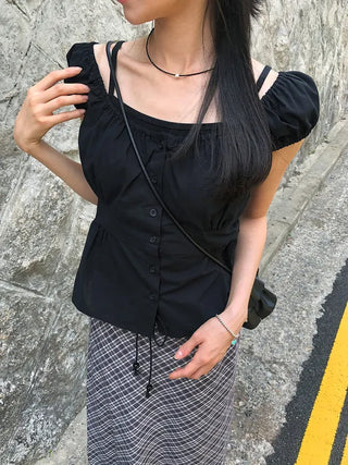 Off-shoulder Shirred Puff Sleeveless Blouse