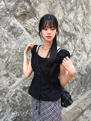 Off-shoulder Shirred Puff Sleeveless Blouse
