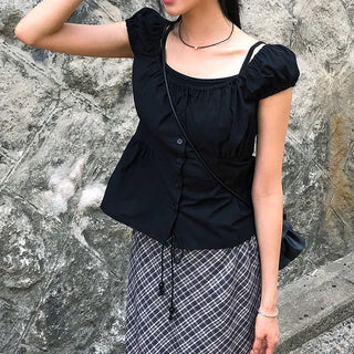Off-shoulder Shirred Puff Sleeveless Blouse