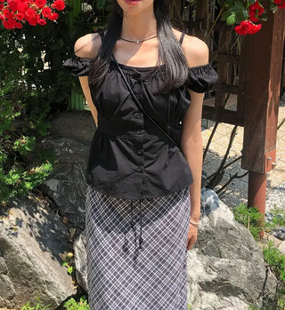 Off-shoulder Shirred Puff Sleeveless Blouse