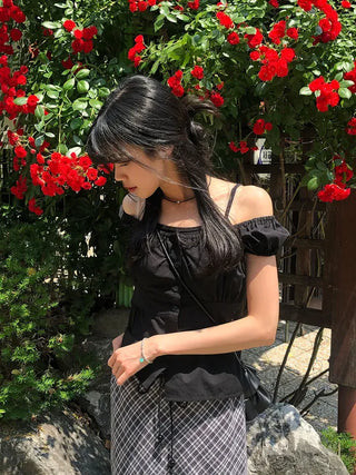 Off-shoulder Shirred Puff Sleeveless Blouse