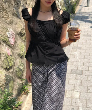 Off-shoulder Shirred Puff Sleeveless Blouse