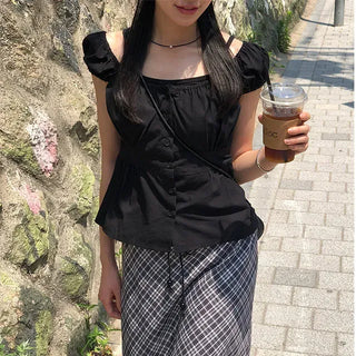 Off-shoulder Shirred Puff Sleeveless Blouse